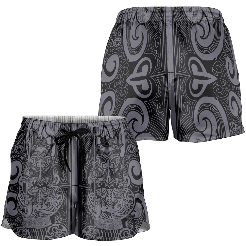 New Zealand Taiaha Maori Shorts for Women Minimalist Silver Fern All Black