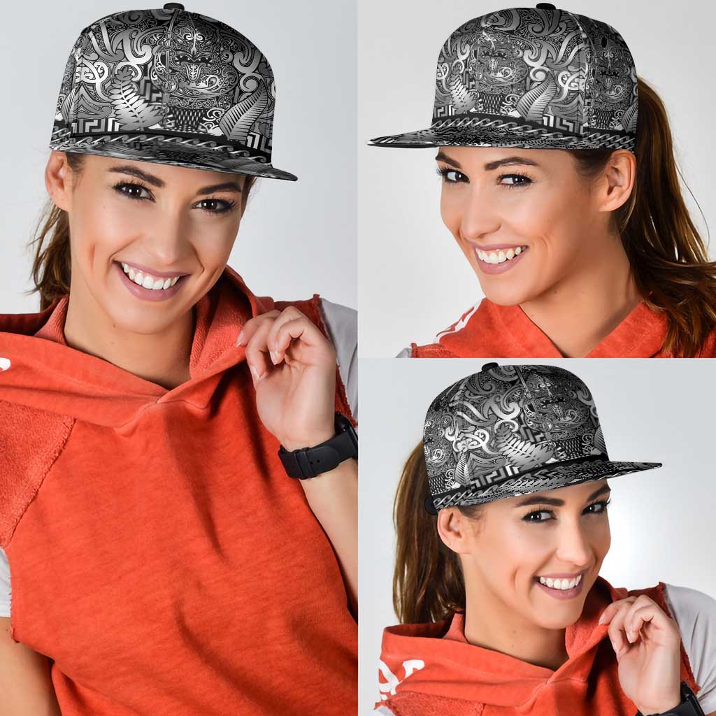 New Zealand Taiaha Maori Snapback Cap Kiwikiwi Minimalist Silver Fern Tukutuku Motif
