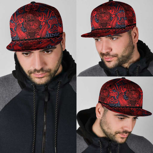 New Zealand Taiaha Maori Snapback Cap Whero Minimalist Silver Fern Tukutuku Motif