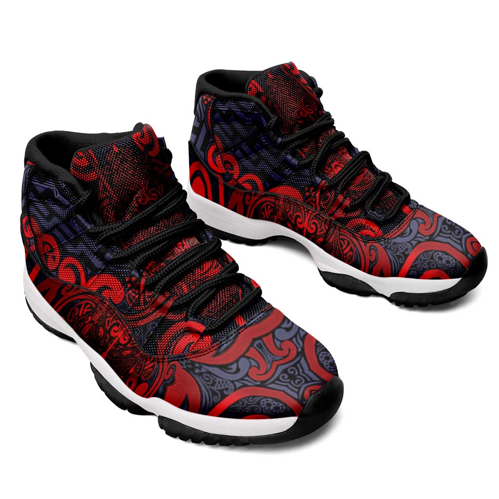 New Zealand Taiaha Maori Sneakers J11 Whero Minimalist Silver Fern Tukutuku Motif