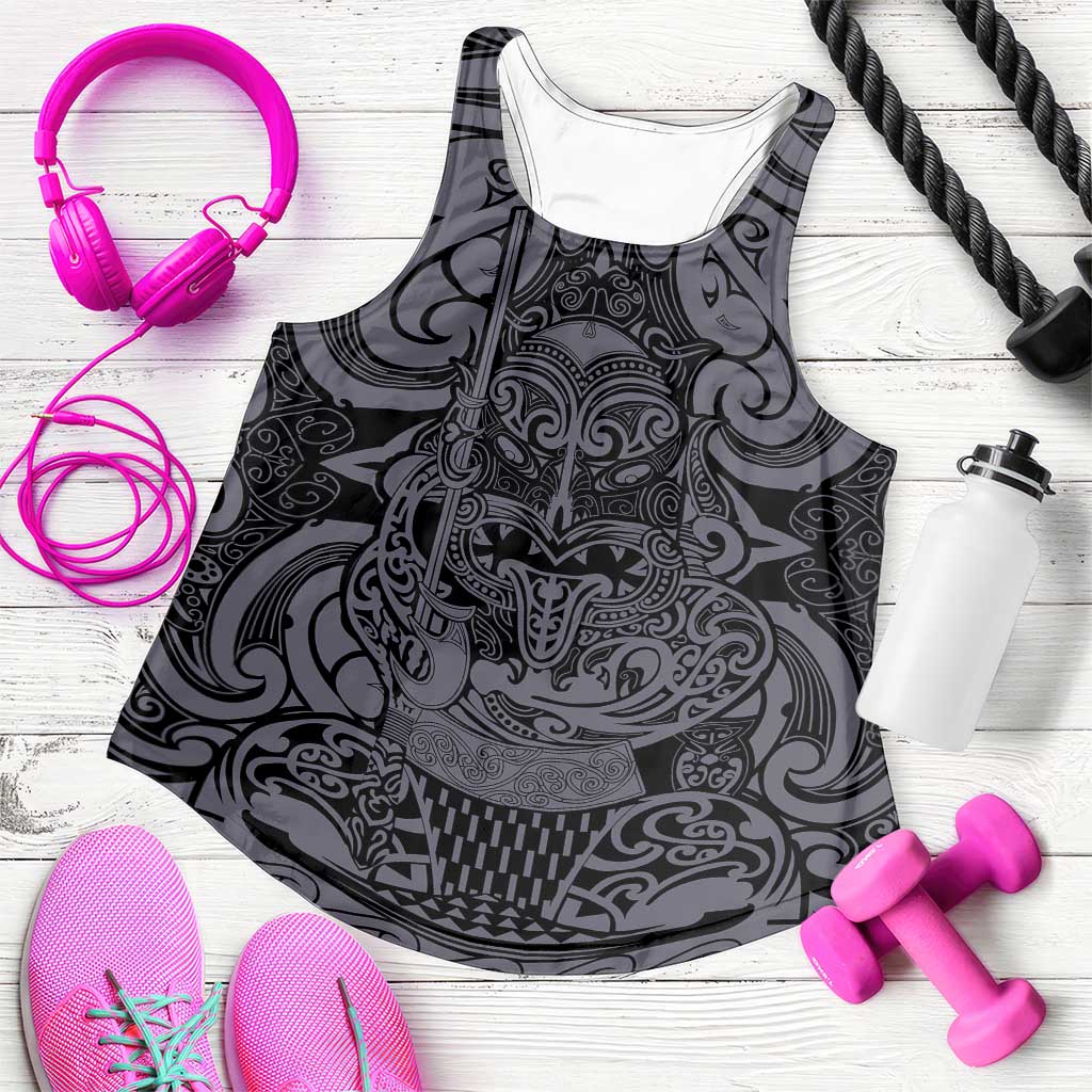 New Zealand Taiaha Maori Women Racerback Tank Minimalist Silver Fern All Black