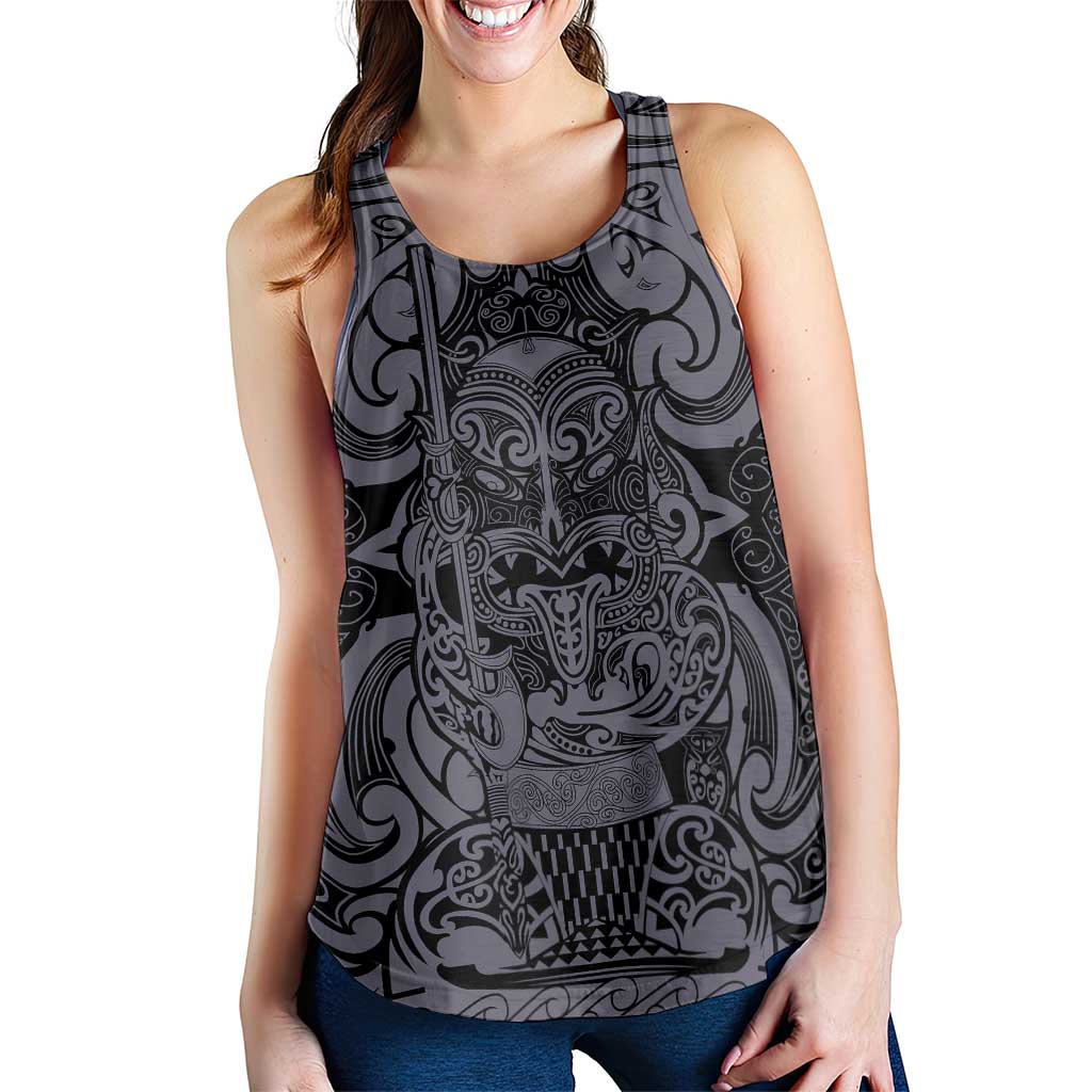 New Zealand Taiaha Maori Women Racerback Tank Minimalist Silver Fern All Black