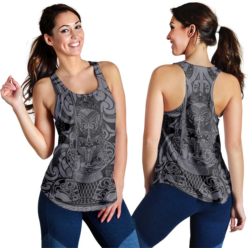 New Zealand Taiaha Maori Women Racerback Tank Minimalist Silver Fern All Black