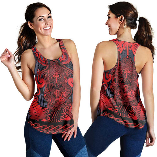 New Zealand Taiaha Maori Women Racerback Tank Whero Minimalist Silver Fern Tukutuku Motif