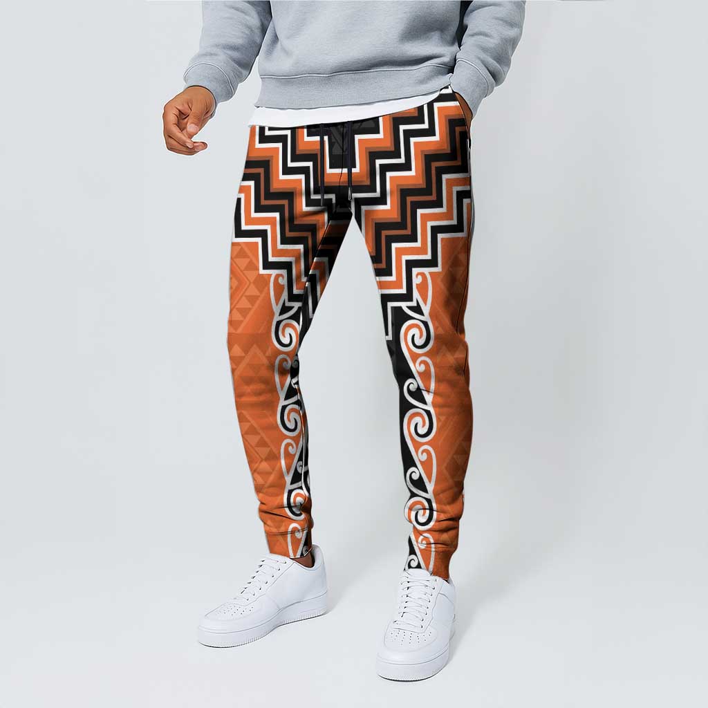Orange Niho Taniwha Mix Poutama Jogger Pants Unique Taniko Aotearoa - Aussie Hoodie