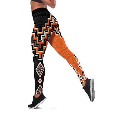 Orange Niho Taniwha Mix Poutama Leggings Unique Taniko Aotearoa - Aussie Hoodie