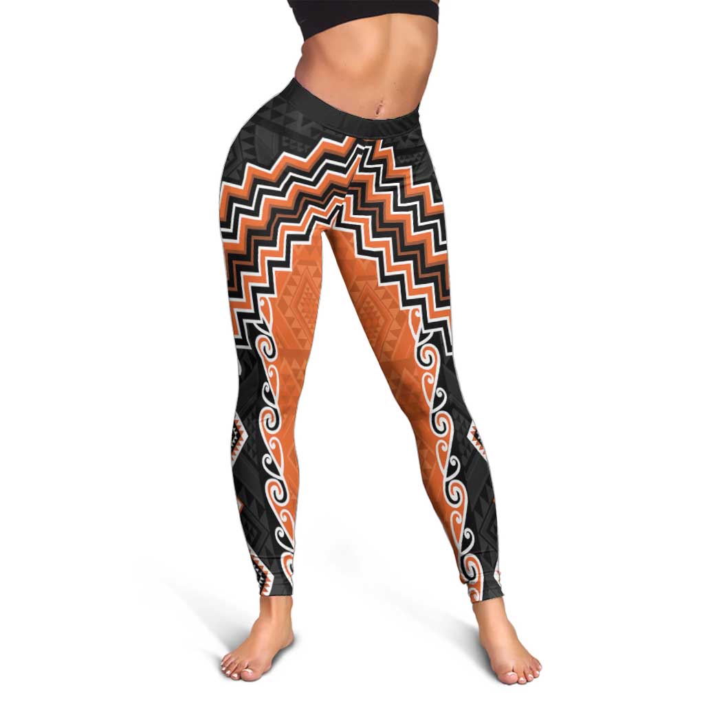 Orange Niho Taniwha Mix Poutama Leggings Unique Taniko Aotearoa - Aussie Hoodie