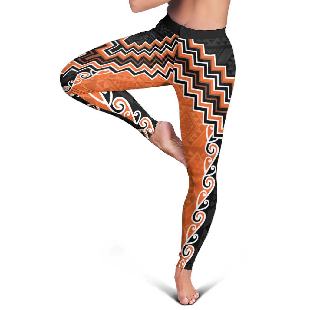 Orange Niho Taniwha Mix Poutama Leggings Unique Taniko Aotearoa - Aussie Hoodie