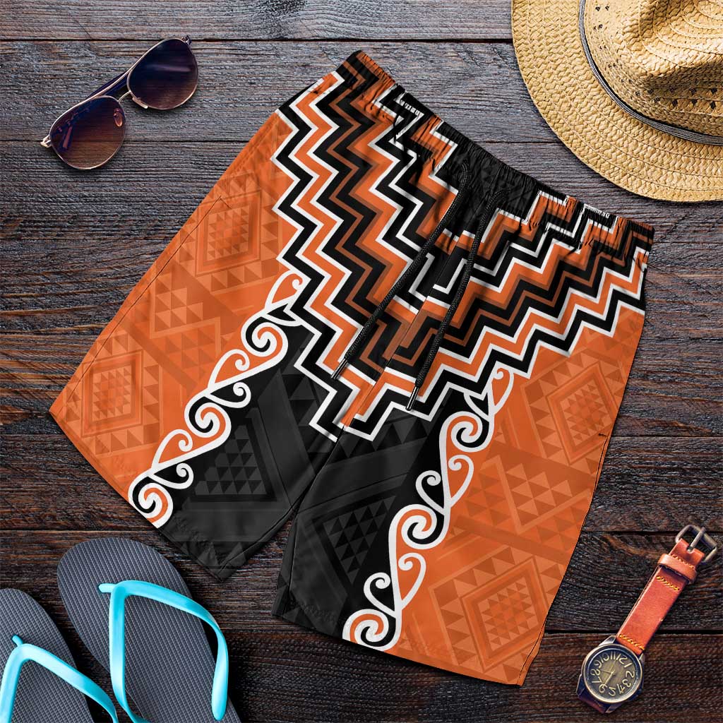 Orange Niho Taniwha Mix Poutama Shorts for Men Unique Taniko Aotearoa - Aussie Hoodie