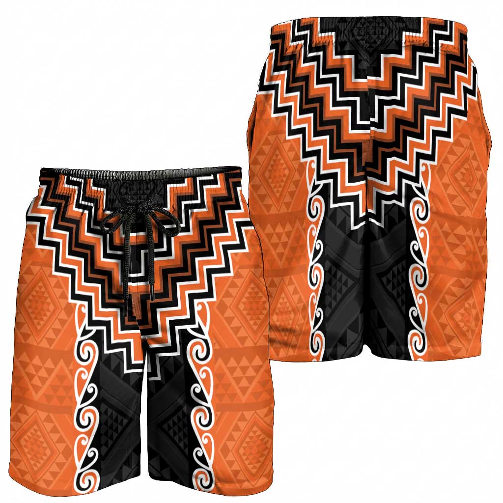 Orange Niho Taniwha Mix Poutama Shorts for Men Unique Taniko Aotearoa - Aussie Hoodie