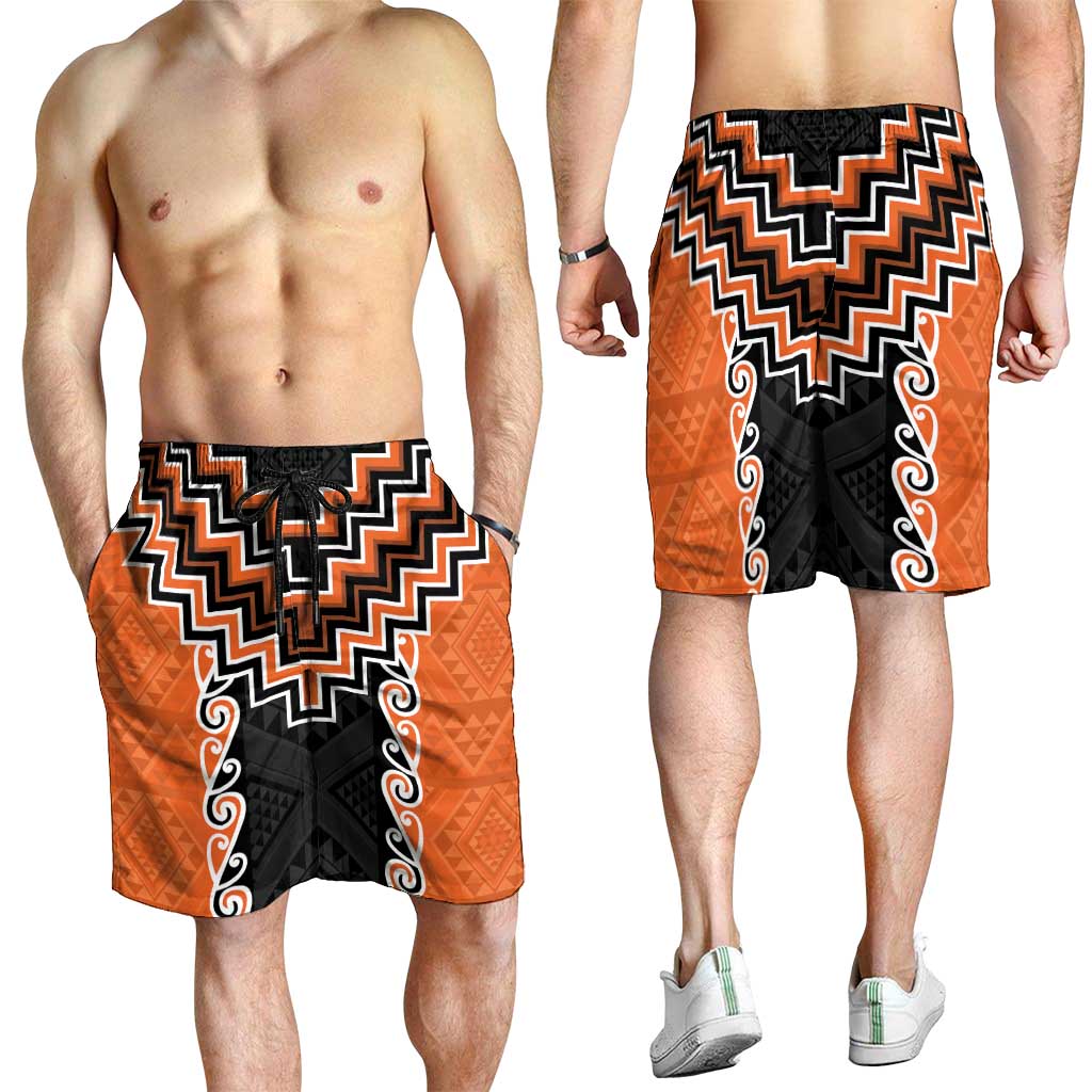 Orange Niho Taniwha Mix Poutama Shorts for Men Unique Taniko Aotearoa - Aussie Hoodie