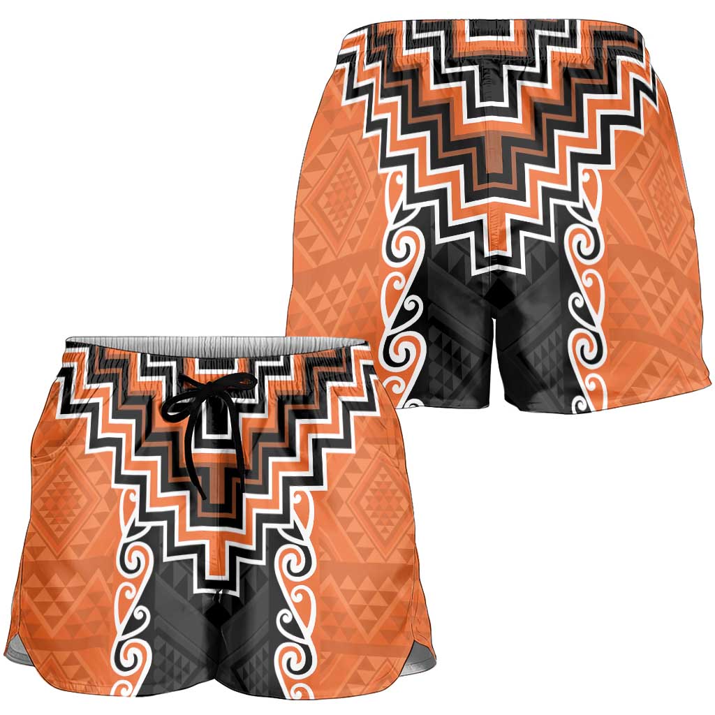 Orange Niho Taniwha Mix Poutama Shorts for Women Unique Taniko Aotearoa - Aussie Hoodie