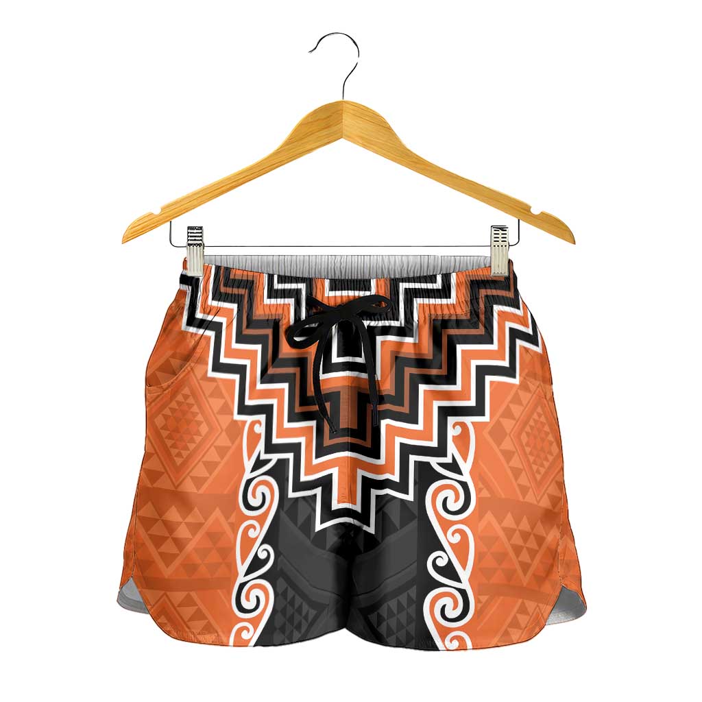 Orange Niho Taniwha Mix Poutama Shorts for Women Unique Taniko Aotearoa - Aussie Hoodie