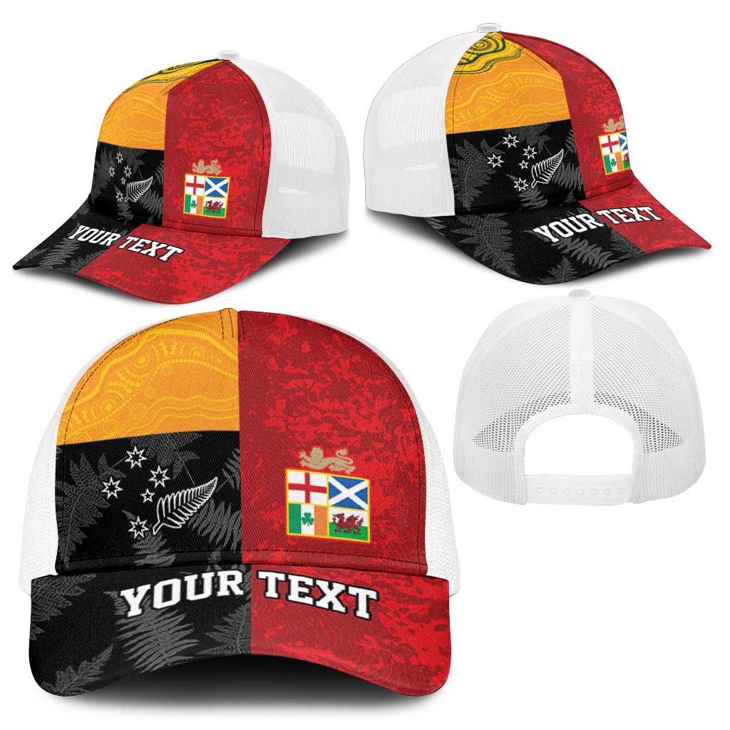 Personalised British Lions-AUNZ Mesh Trucker Cap Australia-New Zealand Indigenous Motif - Aussie Hoodie