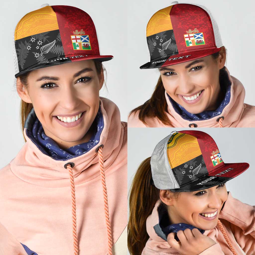 Personalised British Lions-AUNZ Mesh Trucker Cap Australia-New Zealand Indigenous Motif - Aussie Hoodie