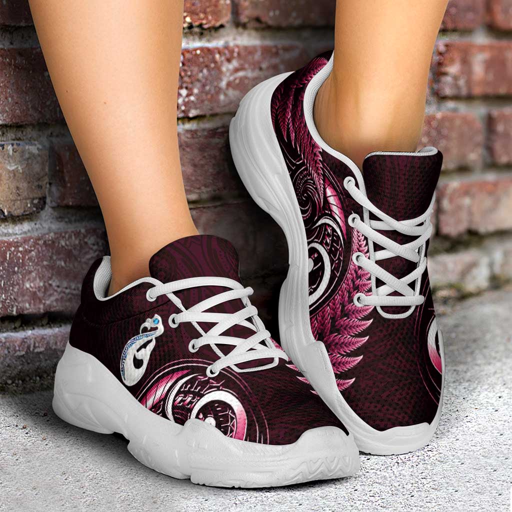 Pink New Zealand Chunky Sneakers Aotearoa Silver Fern With Manaia Maori Unique