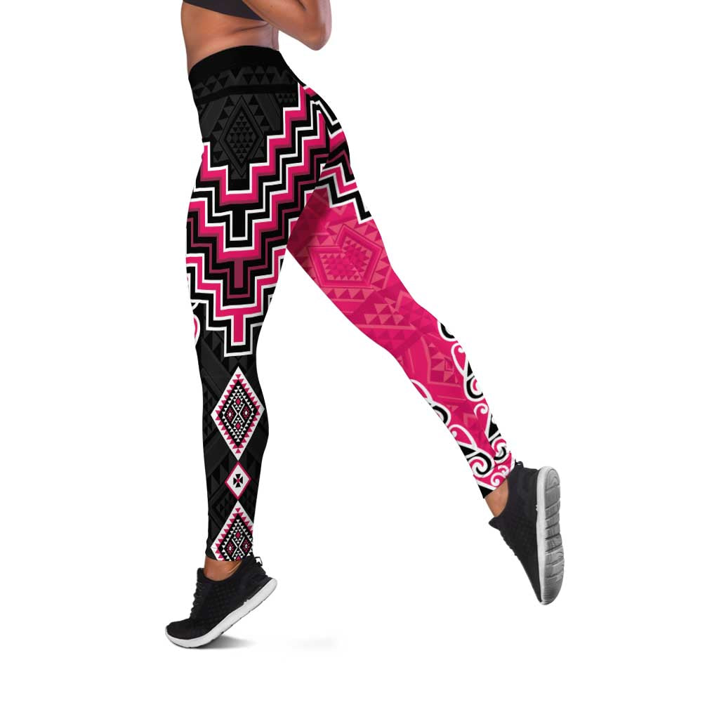 Pink Niho Taniwha Mix Poutama Leggings Unique Taniko Aotearoa - Aussie Hoodie