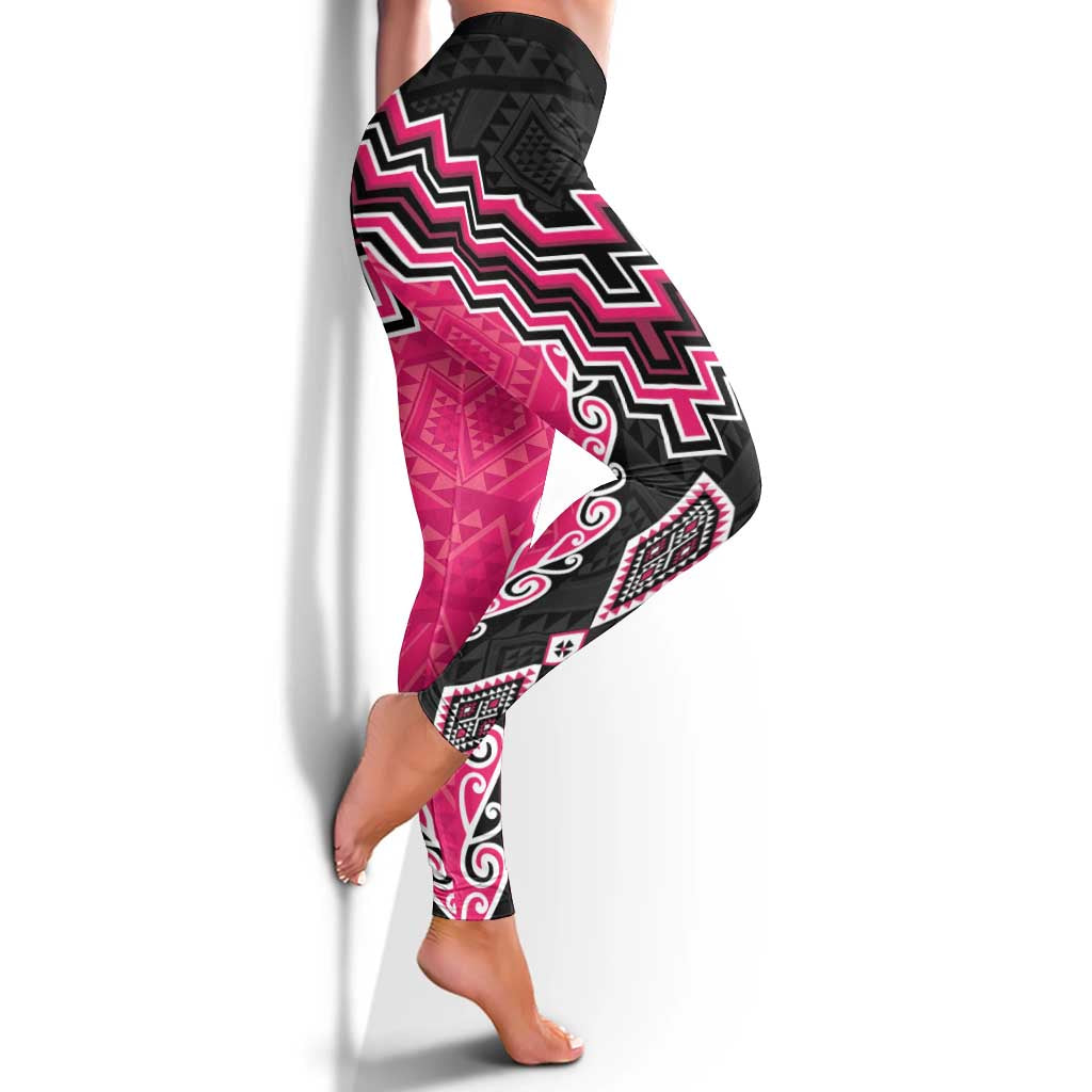 Pink Niho Taniwha Mix Poutama Leggings Unique Taniko Aotearoa - Aussie Hoodie