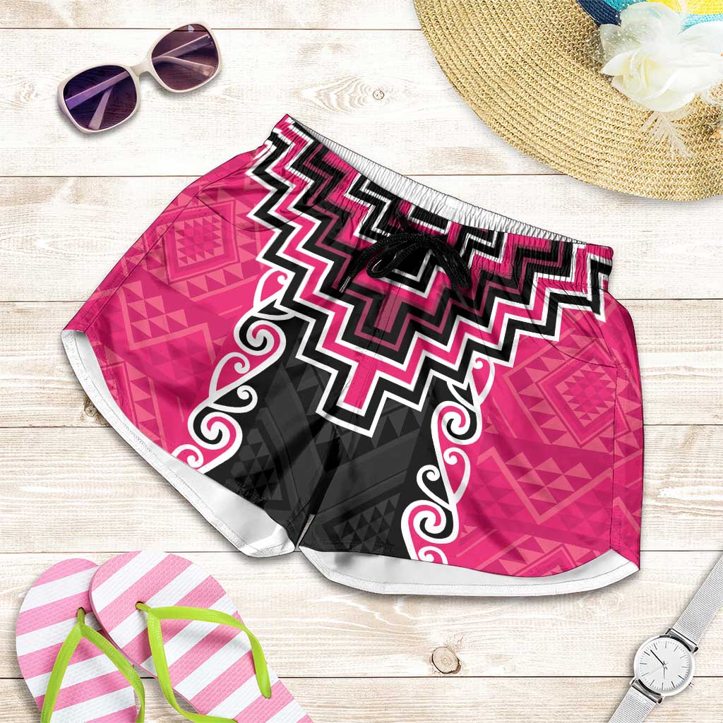 Pink Niho Taniwha Mix Poutama Shorts for Women Unique Taniko Aotearoa - Aussie Hoodie