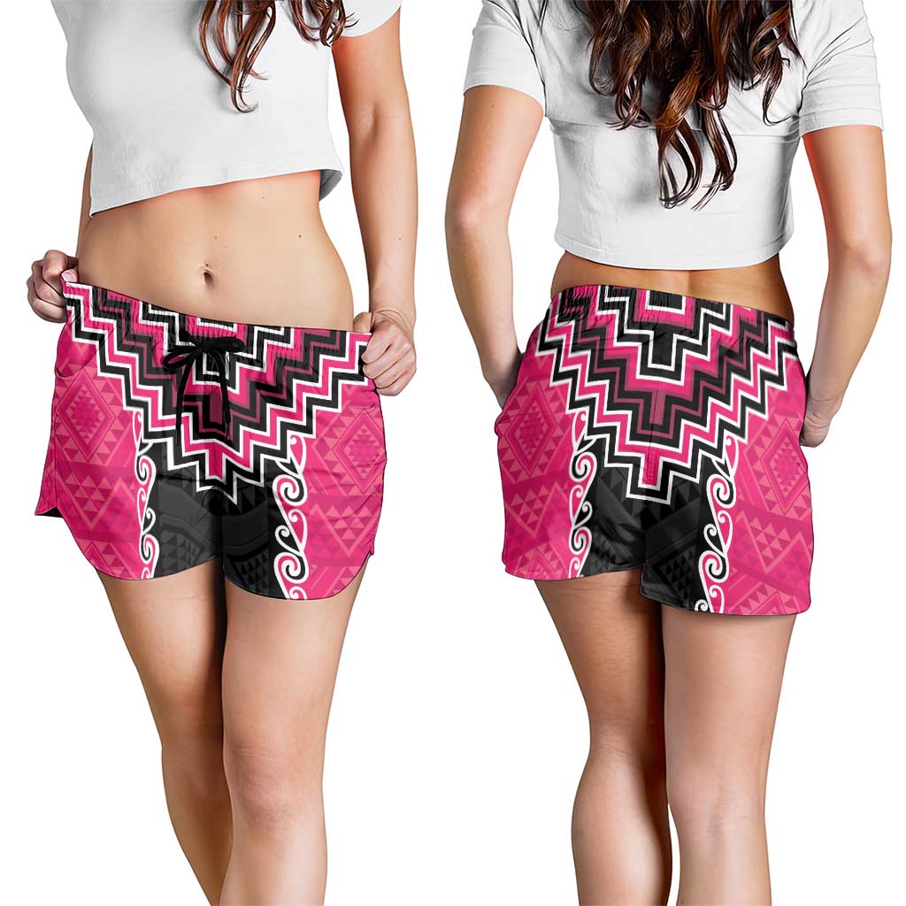 Pink Niho Taniwha Mix Poutama Shorts for Women Unique Taniko Aotearoa - Aussie Hoodie