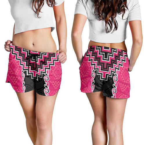 Pink Niho Taniwha Mix Poutama Shorts for Women Unique Taniko Aotearoa - Aussie Hoodie