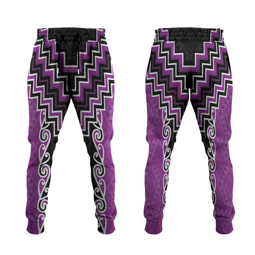 Purple Niho Taniwha Mix Poutama Jogger Pants Unique Taniko Aotearoa - Aussie Hoodie
