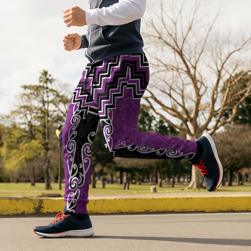 Purple Niho Taniwha Mix Poutama Jogger Pants Unique Taniko Aotearoa - Aussie Hoodie
