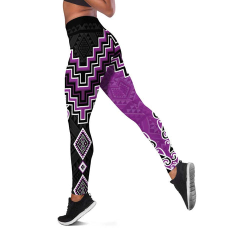 Purple Niho Taniwha Mix Poutama Leggings Unique Taniko Aotearoa - Aussie Hoodie