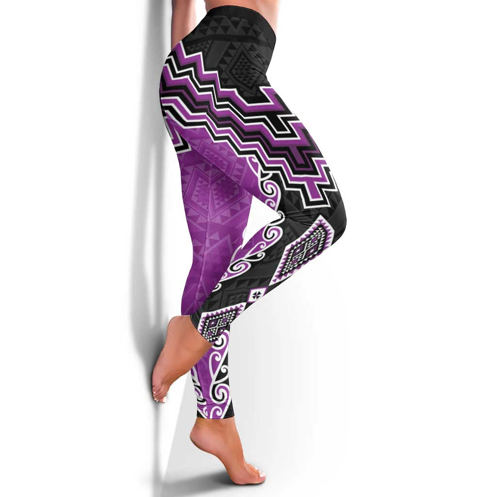 Purple Niho Taniwha Mix Poutama Leggings Unique Taniko Aotearoa - Aussie Hoodie