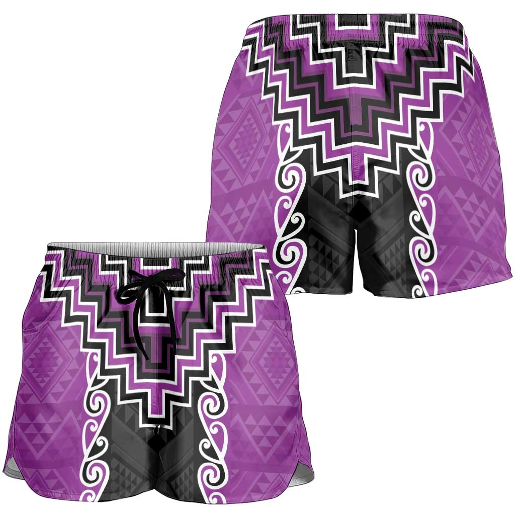 Purple Niho Taniwha Mix Poutama Shorts for Women Unique Taniko Aotearoa - Aussie Hoodie
