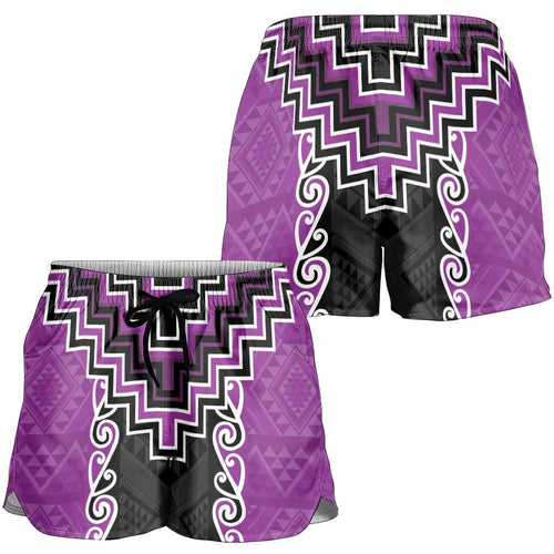 Purple Niho Taniwha Mix Poutama Shorts for Women Unique Taniko Aotearoa - Aussie Hoodie