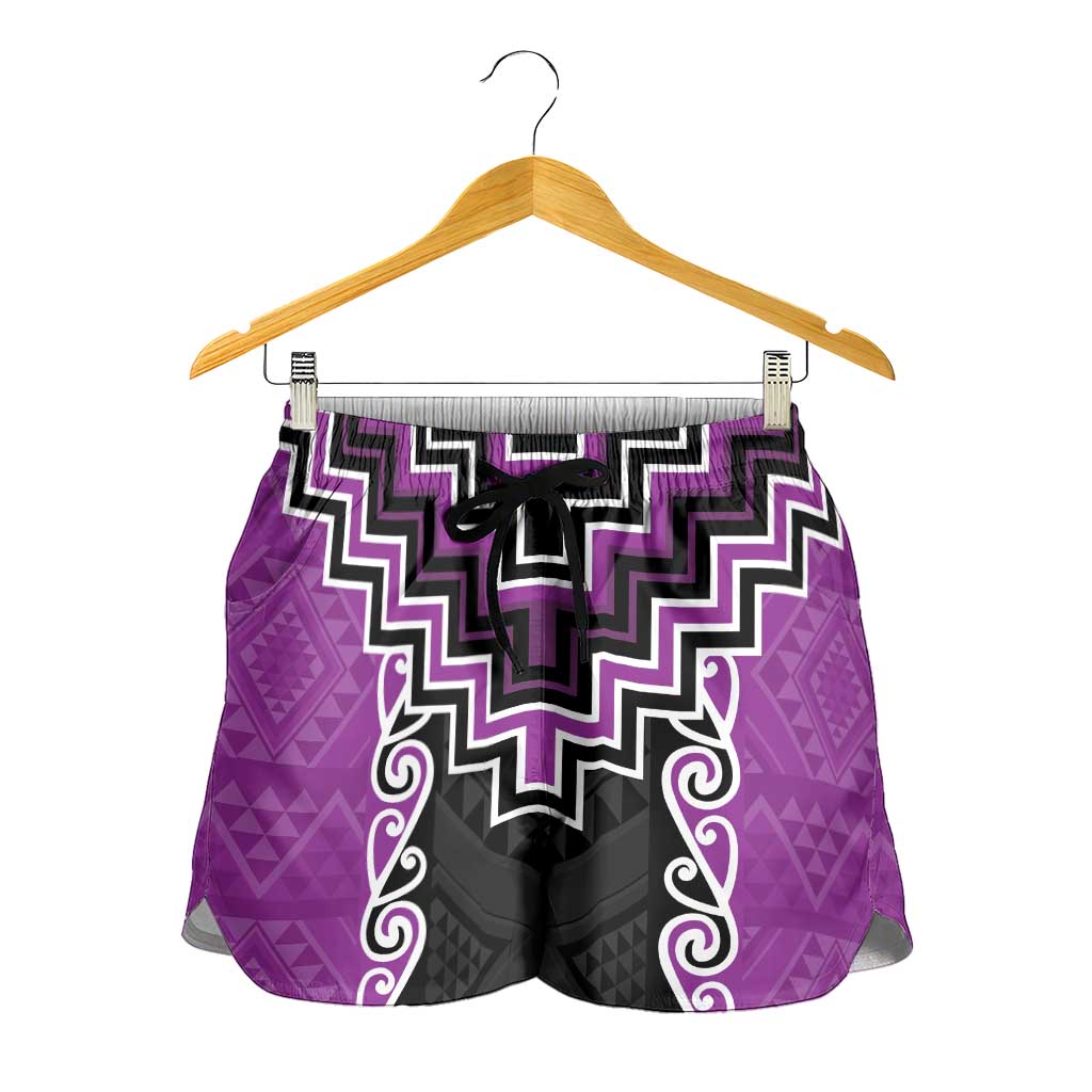 Purple Niho Taniwha Mix Poutama Shorts for Women Unique Taniko Aotearoa - Aussie Hoodie