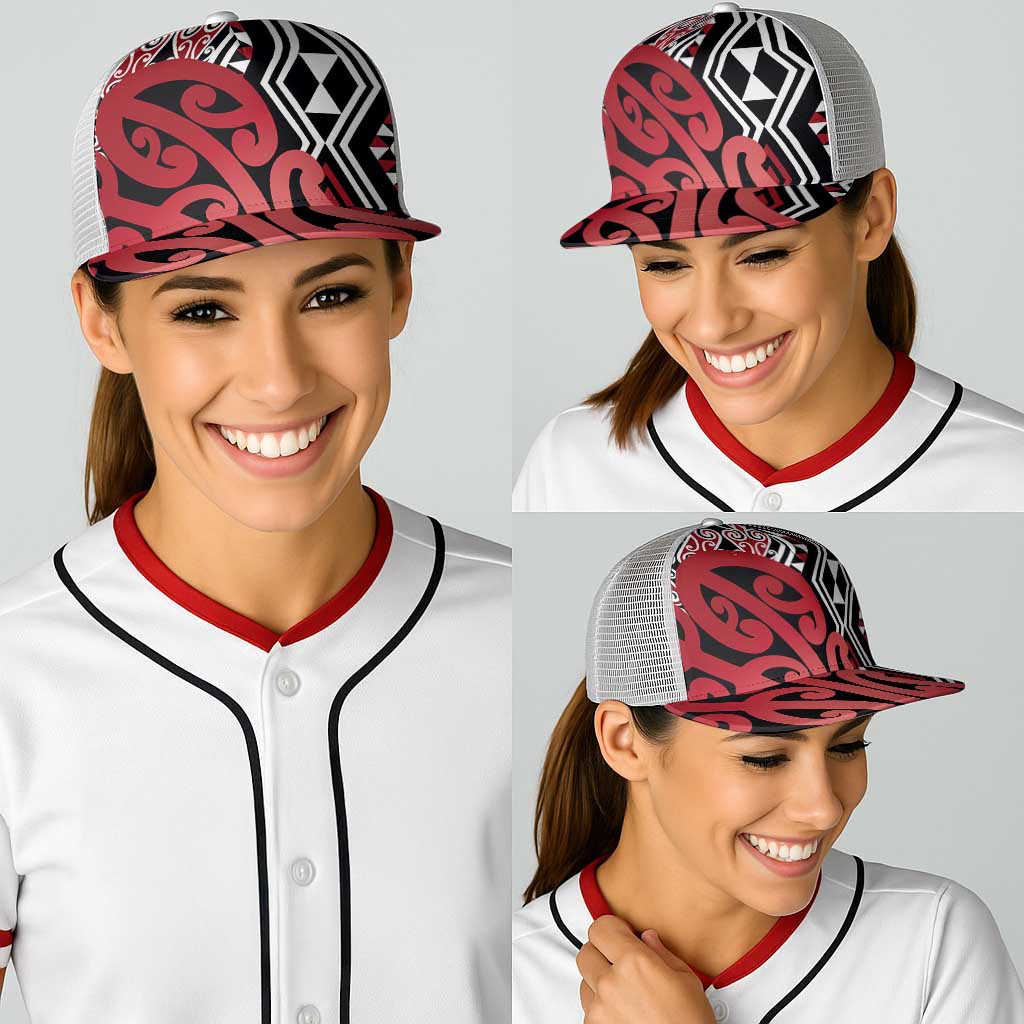 Red New Zealand Baseball Net Cap Aotearoa Kowhaiwhai Mix Taniko Art - Aussie Hoodie