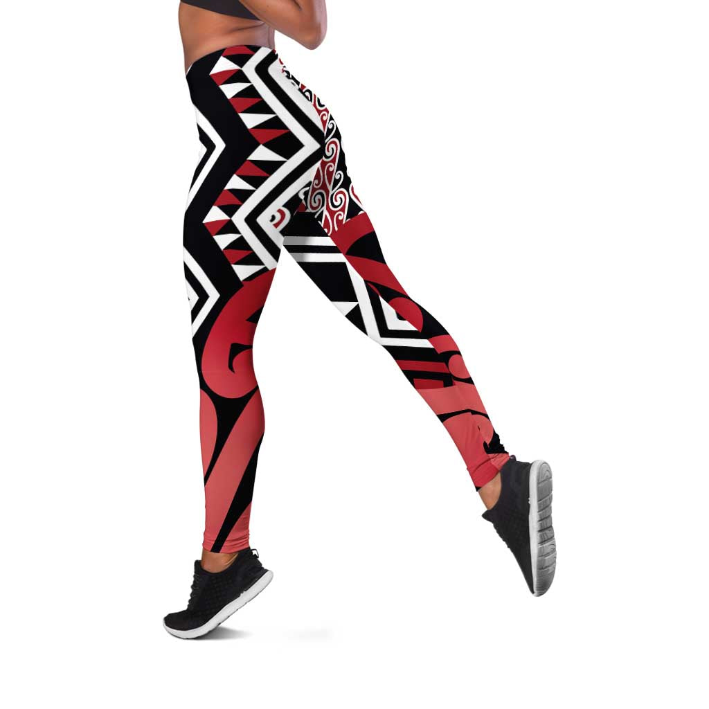 Red New Zealand Leggings Aotearoa Kowhaiwhai Mix Taniko Art