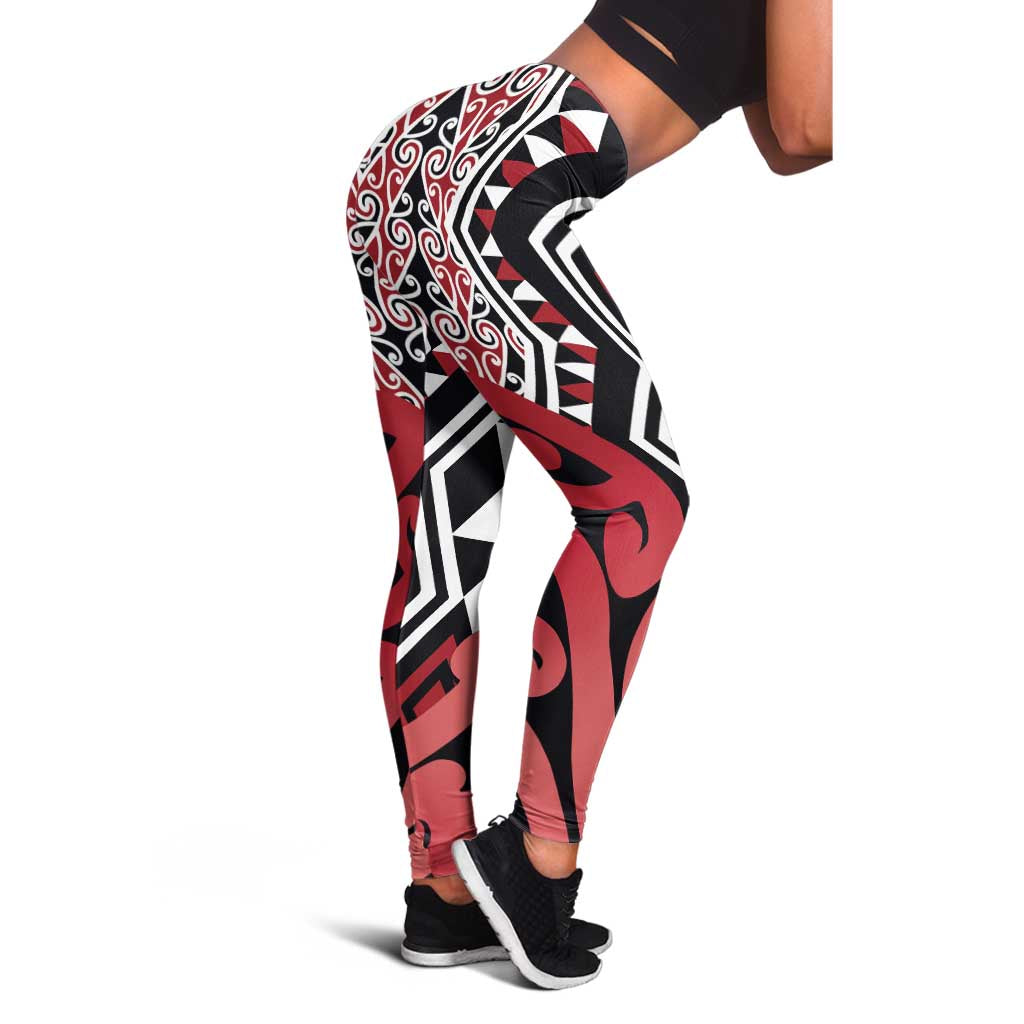 Red New Zealand Leggings Aotearoa Kowhaiwhai Mix Taniko Art