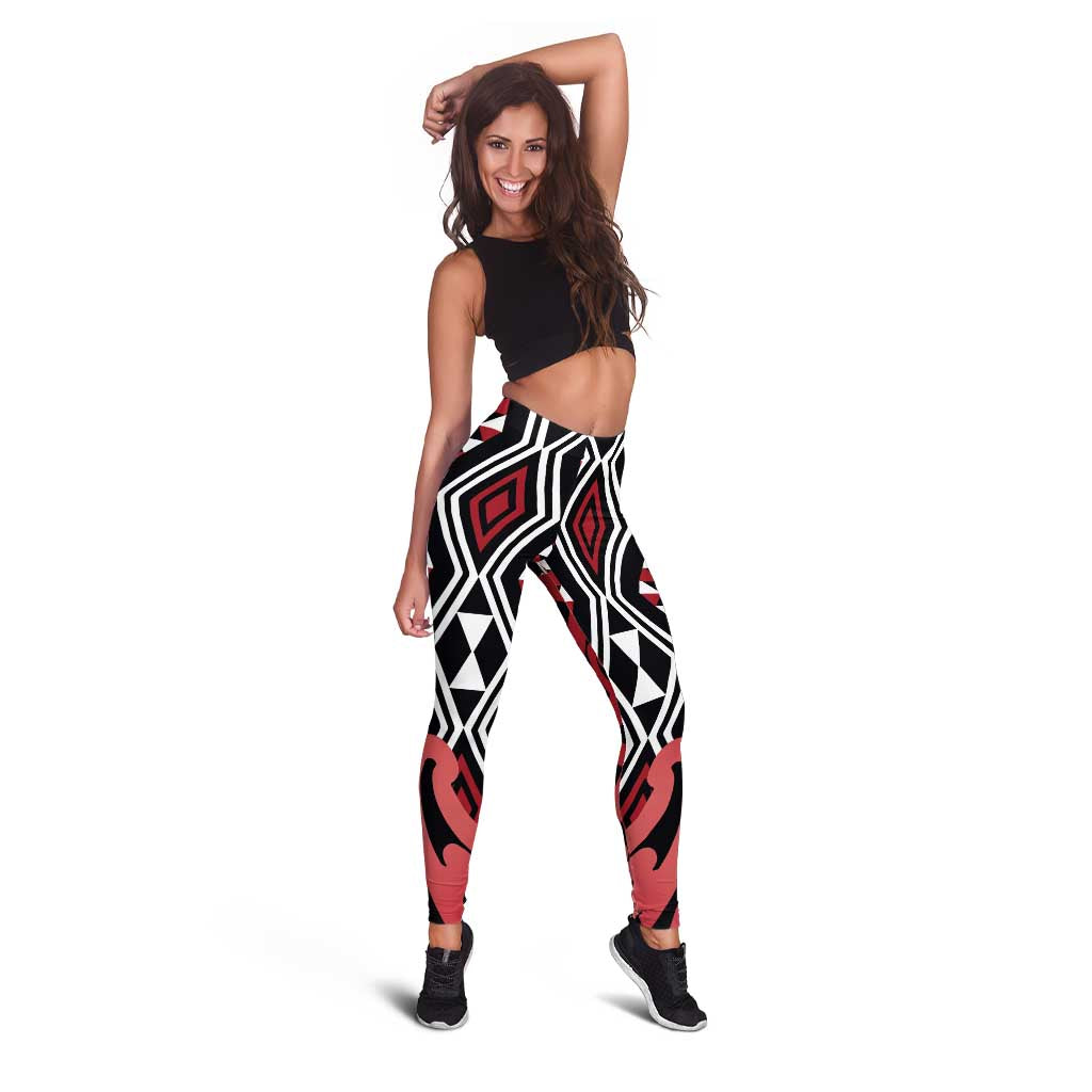 Red New Zealand Leggings Aotearoa Kowhaiwhai Mix Taniko Art