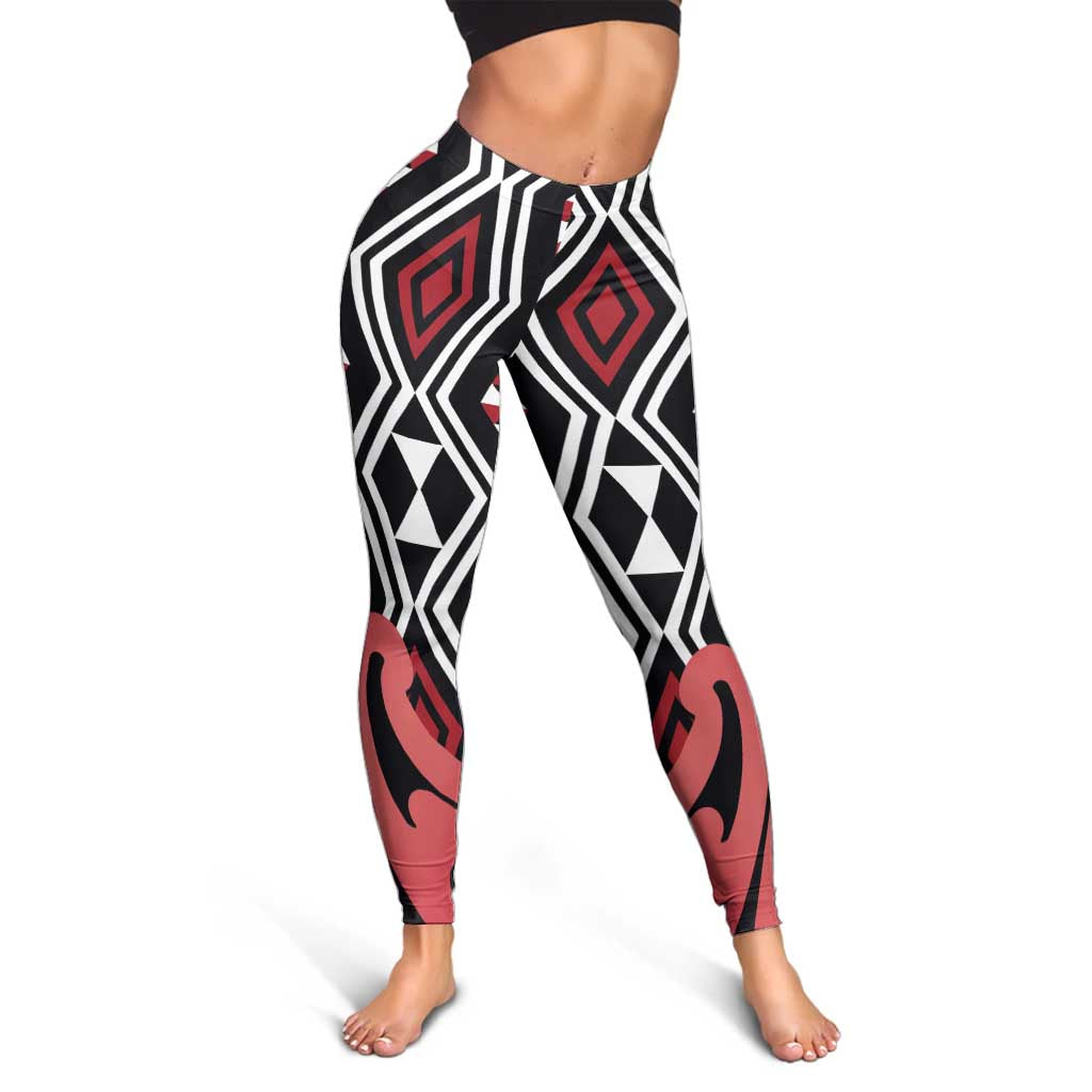 Red New Zealand Leggings Aotearoa Kowhaiwhai Mix Taniko Art