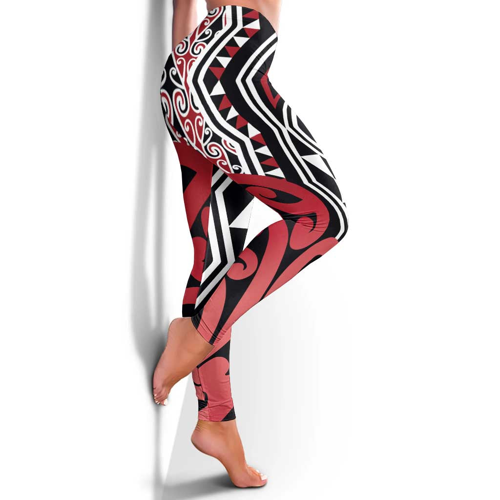 Red New Zealand Leggings Aotearoa Kowhaiwhai Mix Taniko Art