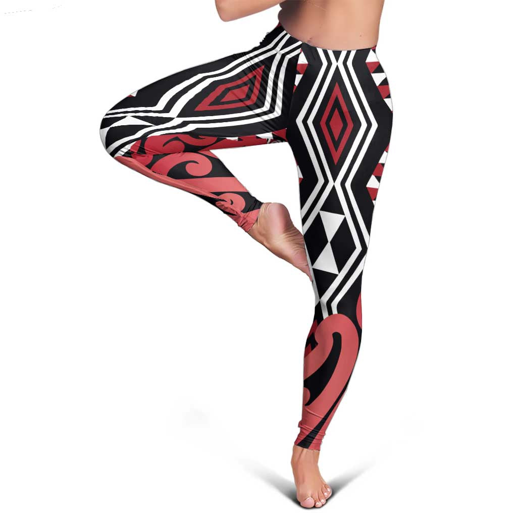 Red New Zealand Leggings Aotearoa Kowhaiwhai Mix Taniko Art