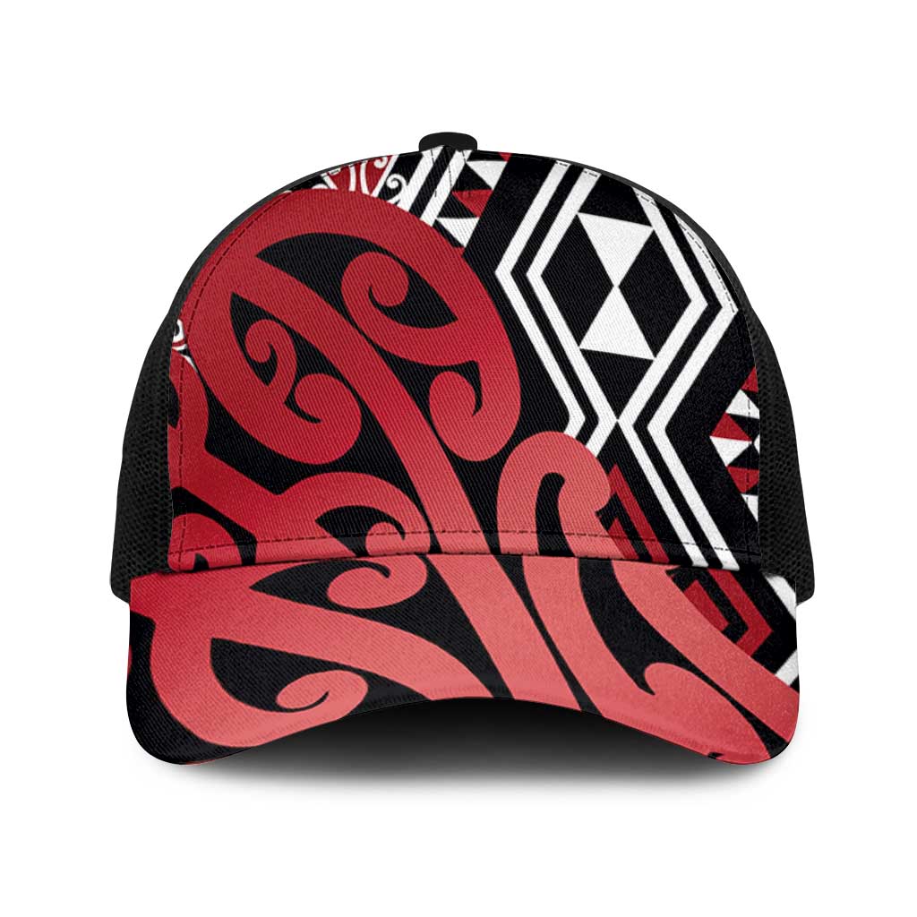 Red New Zealand Mesh Trucker Cap Aotearoa Kowhaiwhai Mix Taniko Art - Aussie Hoodie