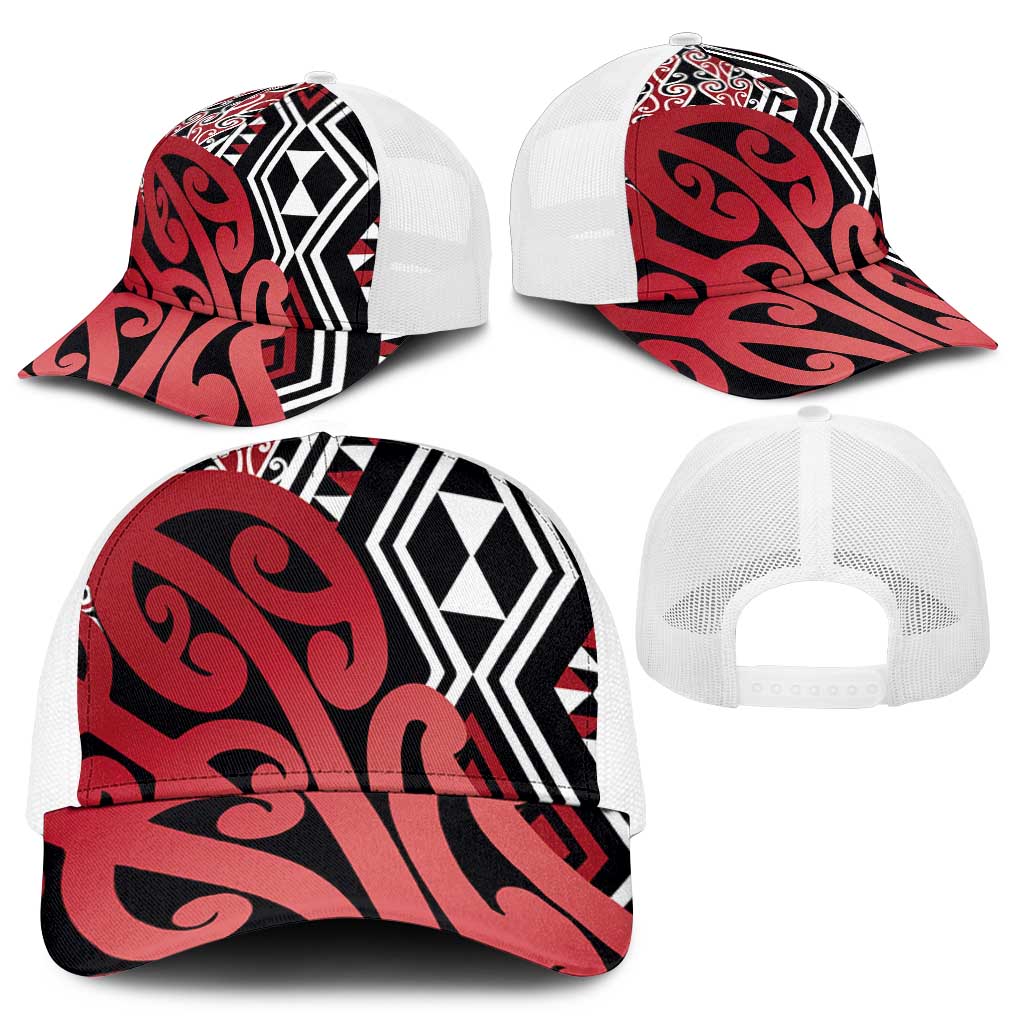 Red New Zealand Mesh Trucker Cap Aotearoa Kowhaiwhai Mix Taniko Art - Aussie Hoodie