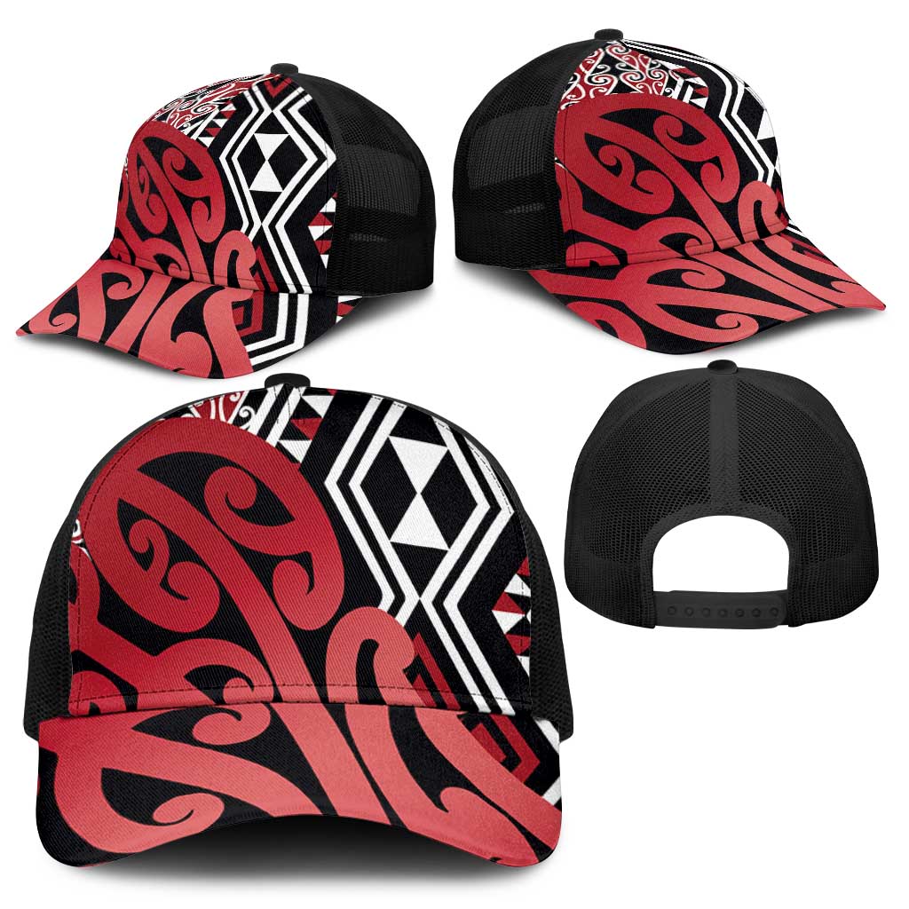 Red New Zealand Mesh Trucker Cap Aotearoa Kowhaiwhai Mix Taniko Art - Aussie Hoodie