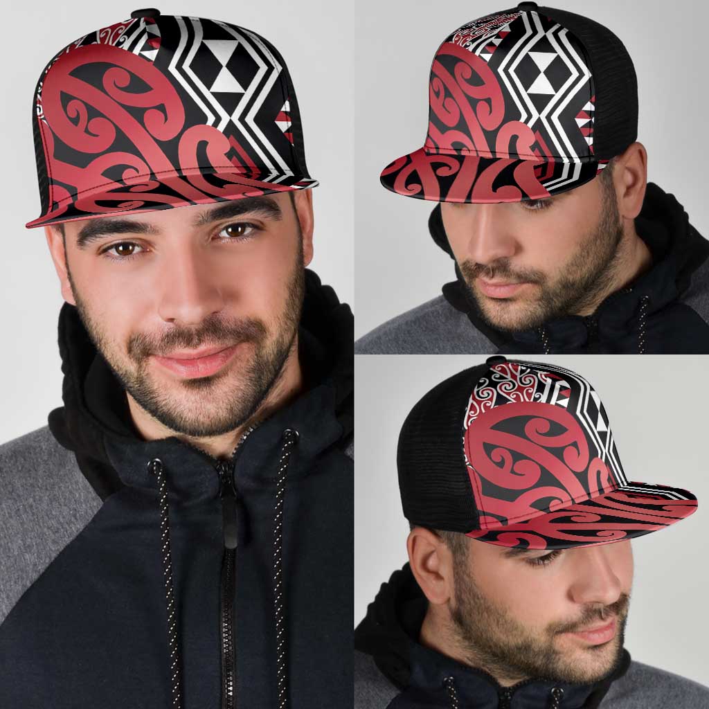 Red New Zealand Mesh Trucker Cap Aotearoa Kowhaiwhai Mix Taniko Art - Aussie Hoodie