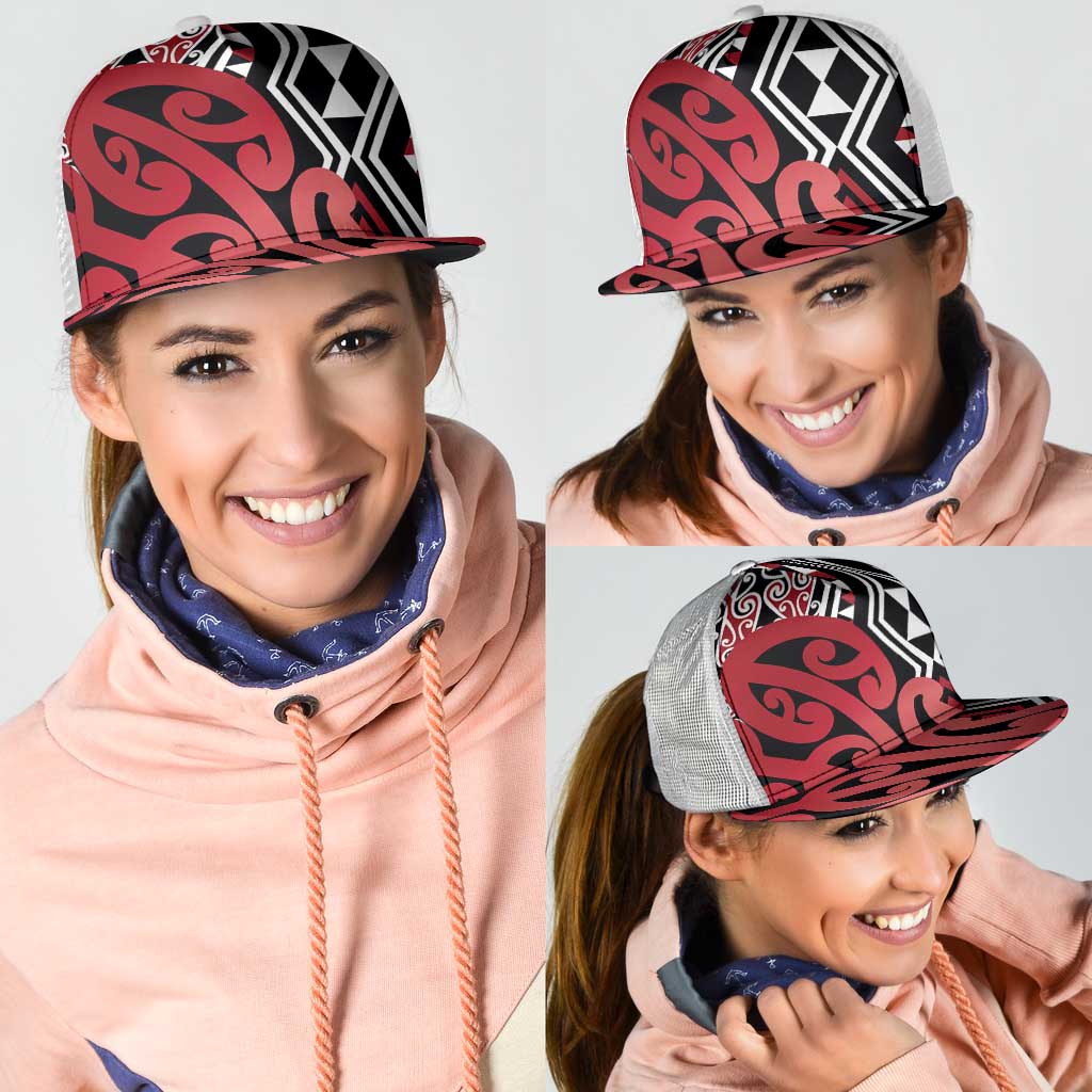 Red New Zealand Mesh Trucker Cap Aotearoa Kowhaiwhai Mix Taniko Art - Aussie Hoodie
