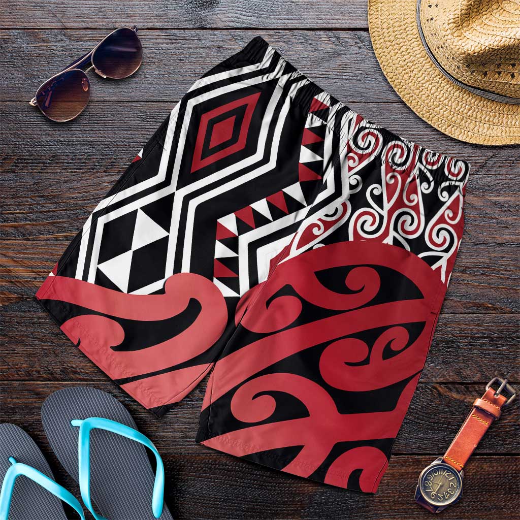 Red New Zealand Shorts for Men Aotearoa Kowhaiwhai Mix Taniko Art