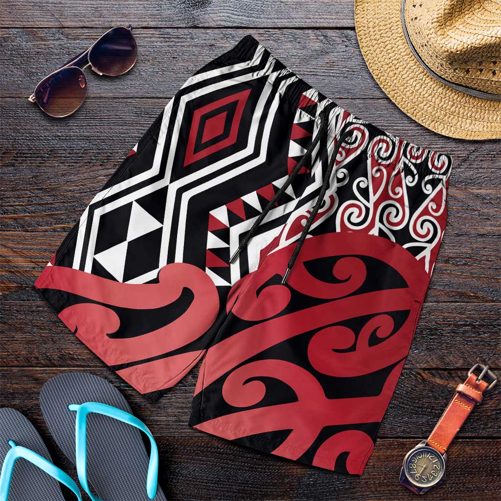 Red New Zealand Shorts for Men Aotearoa Kowhaiwhai Mix Taniko Art