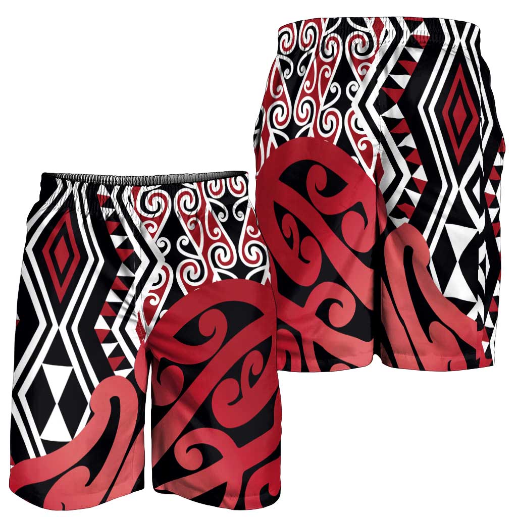 Red New Zealand Shorts for Men Aotearoa Kowhaiwhai Mix Taniko Art
