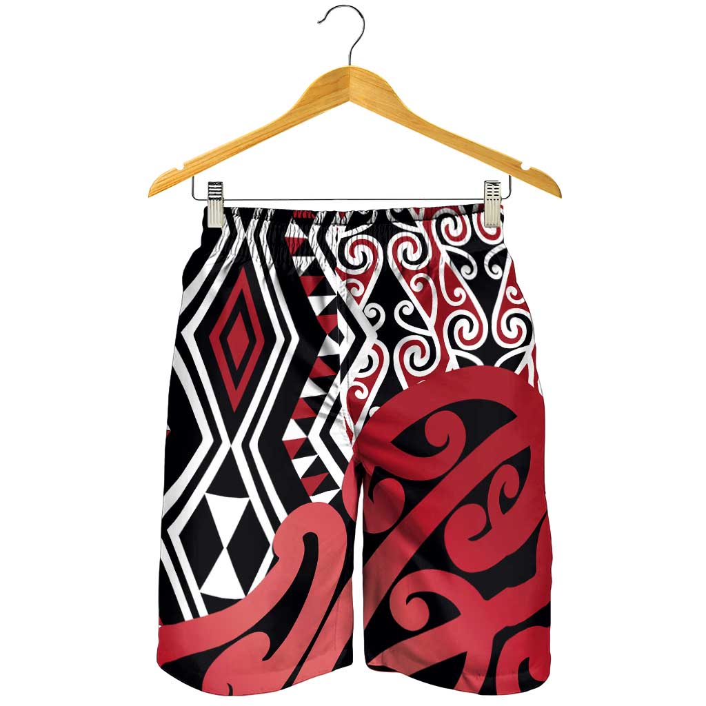 Red New Zealand Shorts for Men Aotearoa Kowhaiwhai Mix Taniko Art