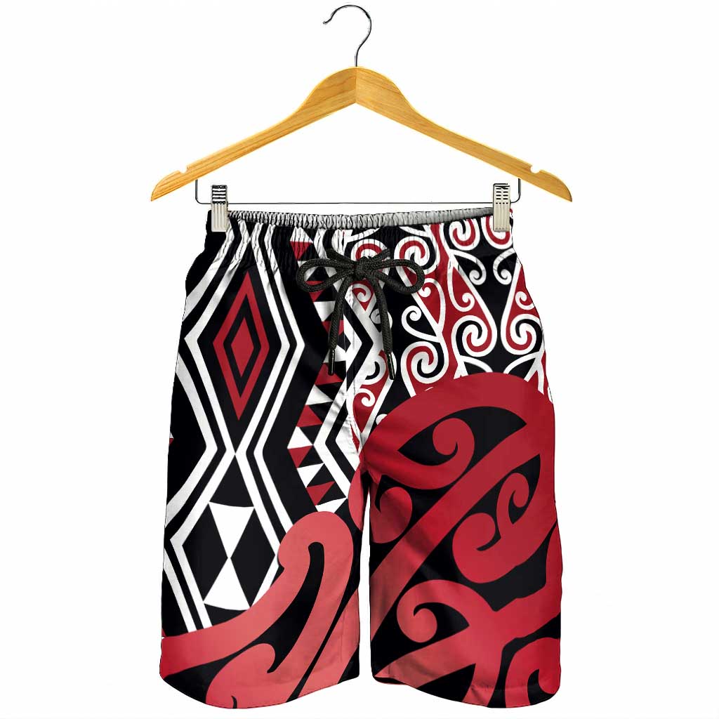 Red New Zealand Shorts for Men Aotearoa Kowhaiwhai Mix Taniko Art