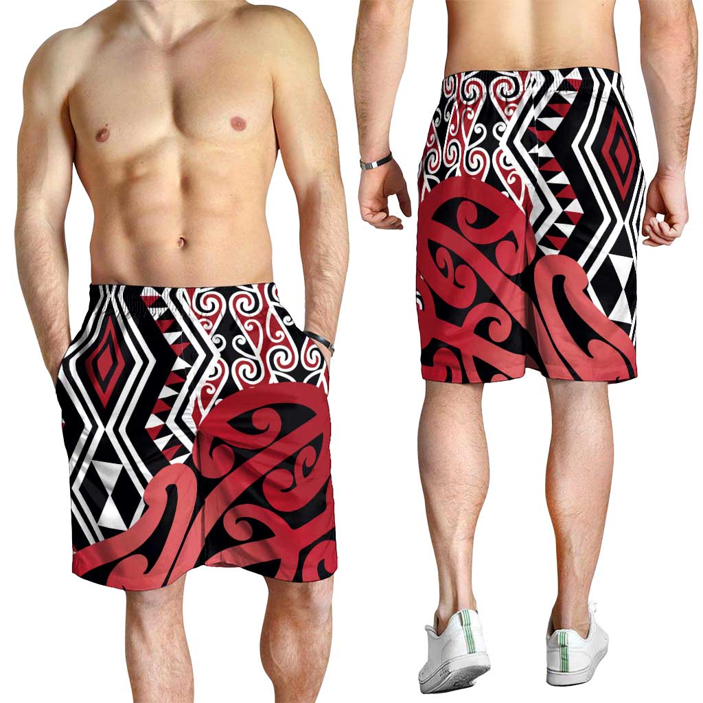 Red New Zealand Shorts for Men Aotearoa Kowhaiwhai Mix Taniko Art